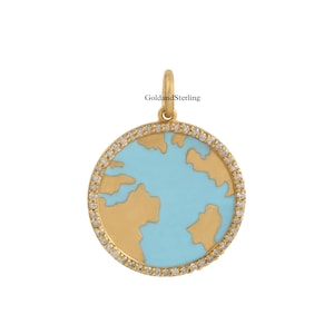 925er Silber & 14k Gold Love Earth Türkis-Halskette, Weltkarte Medaillon Anhänger, Designer Gold Globe Halskette, Karten-Halsketten-Medaillon-Charme,