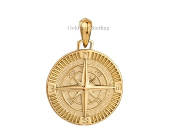 14k Solid Gold Beautiful Compass Pendant, 14k Gold Compass Necklace, Handmade pendant, Coin Pendant, Travel Necklace, Handmade Compass Gift