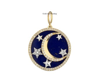 925er Silber & 14k Gold Diamant Lapis Lazuli Mond Sterne Anhänger, Celestial Sunburst Anhänger, Starburst Charm Anhänger, Starburst Moon Halskette