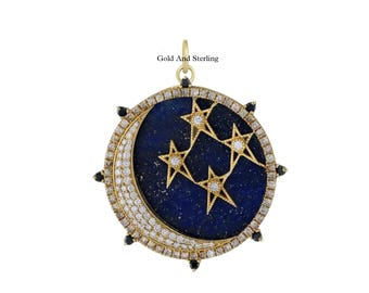925er Silber & 14k Gold Diamant Lapis Lazuli Mond Sterne Anhänger, Celestial Sunburst Anhänger, Starburst Charm Anhänger, Starburst Moon Halskette