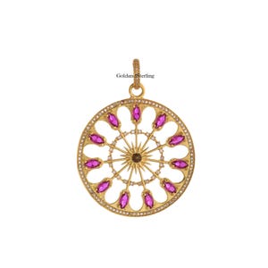 925 Silver & 14k Gold Designer Diamond Ruby Wheel Charm Pendant, Sunburst Ruby Diamond Necklace, Round Ruby charm, Handmade jewelry Pendant