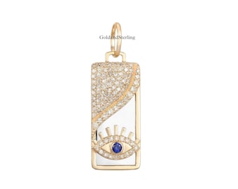 Colgante de plata 925 y oro de 14k con placa de identificación militar, nácar, diamante y ojo turco; medallón de zafiro con ojo turco; colgante de nácar con ojo turco.
