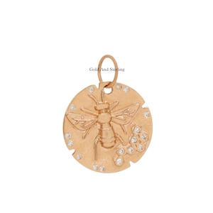 925 Silver & 14k Gold Diamond Honey Bee Disc Necklace Charm, Honey Bee Disc Diamond Charm, Handmade Charm Jewelry, Ancient Honey Bee Charm