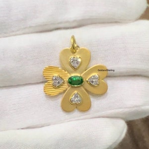 14k Solid Gold Luckiest Emerald Diamond Heart Clover Pendant, Designer Heart Diamond Charm Necklace, Four Leaf Clover Diamond Charm Pendant