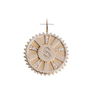 925 zilver en 14k gouden diamant initiaal S letter schijf charme, sieraden alfabet hanger, diamant gepersonaliseerde hanger, diamant S initiaal hanger