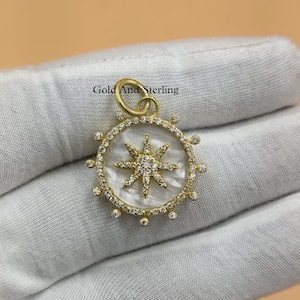 Silver & 14k Solid Gold Sunburst Star Diamond Mother Of Pearl Crescent and Star Pendant, Beautiful Diamonds Pendant, 925 star charm pendants
