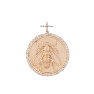 925 Silver & 14k Gold Diamond Honey Bee Disc Necklace Charm, Honey Bee Disc Diamond Charm, Handmade Charm Jewelry, Ancient Honey Bee Charm