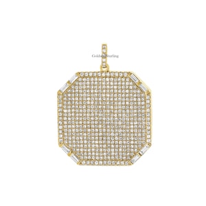 925 Silver & 14k Gold Beautiful Octagon Diamond Baguette Charm Necklace, Designer Dog Tag Necklace Charm, Handmade Gold Dog Tag Pendant