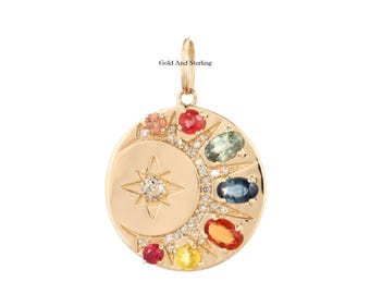 925 Silver & 14k Gold Multi Diamond Starburst Charm Necklace, Beautiful Diamond Sunburst Pendant, Celestial necklace, Star Pendant Charm