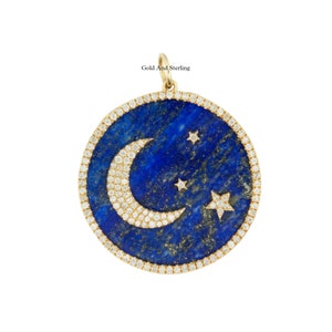 925 Silver & 14k Solid Gold Lapis Lazuli Star Moon Disc Pendant, Crescent Pendant, celestial Pendant, beautiful Gemstone Moon Disc Pendant