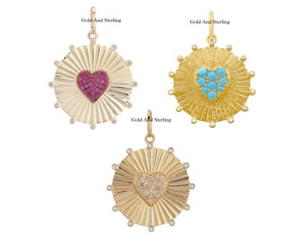 925 Silver & 14k Solid Gold Disc Heart Diamond Charm Pendant, silver Heart Pink  Diamond Charm, Beautiful Pave Diamond Pendant, Gift For Her