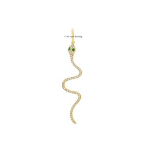 925 Silver & 14k Gold Diamond Emerald Snake Charm Pendant, Emerald Snake Charm, Snake Necklace, Handmade Jewelry, Dainty Snake Gold Necklace