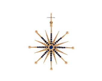 925 silver och 14k guld vackert safir stjärnexplosionshalsband, stjärnberlock, safirstjärnehänge, himmelskt halsband, stjärnhängeberlock