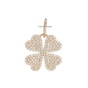 925 Silver & 14k Gold Diamond Lucky Clover Charm Pendant, Designer Diamond Four Leaf Clover charm, Shamrock Diamond charm Lucky Pendant