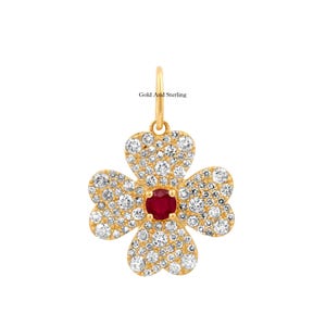 925 Silver Diamond Ruby Lucky Four Leaf Clover Charm, Four Leaf Clover Heart Pendant, Heart Diamond Necklace, Four Leaf Clover Diamond Charm