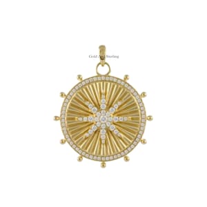 925 Silver & 14k Solid Gold Beautiful Disc Fluted Star Diamond Charm Necklace, 925 Sunburst Star Diamond Pendant, Handmade Pendant Jewelry.