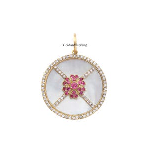 925 Silver & 14k Gold Mother Of Pearl Ruby Leaf Diamond Charm Pendant, Designer Mother Of Pearl Ruby Medallion, Mother Of Pearl Pendant