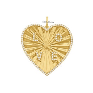 Berloque de coração com inicial de amor em prata 925 e ouro maciço 14k, amuleto de coração com letra, coração com letra de diamante, coração inicial, amuleto de coração com letra pavimentada