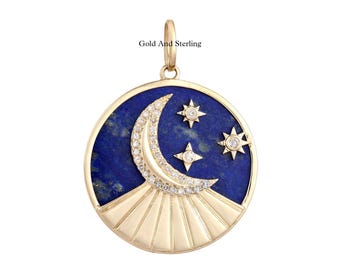 925er Silber & 14k Gold Diamant Lapis Lazuli Mond Sterne Anhänger, Celestial Sunburst Anhänger, Starburst Charm Anhänger, Starburst Moon Halskette