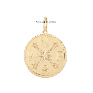 925 Silver & 14k Solid Gold Compass Diamond Pendant, 925 silver Personalized Compass Charm Gift, Navigation Compass Layering Gold Pendant