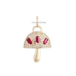 14k Solid Gold Diamond And Ruby Mushroom Charm Pendant, Beautiful Diamond Mushroom Necklace, Gold Pave Mushroom Pendant, Handmade Jewelry