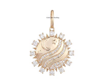 925 Silver & 14k Gold Diamond Moon Stars Sunburst Pendant, Celestial Sunburst Pendant, Starburst Charm Pendant, Starburst Moon Necklace
