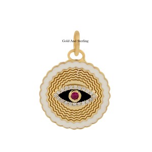 925 Silver & 14k Solid Gold Diamond Ruby Evil Eye Charm Pendant, Silver lucky Diamond Charms, Gold hamsa Charm, Evil Eye Enamel Charms,