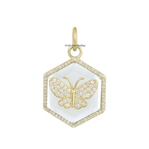 925 Srebro i 14k Złoto Masa Perłowa Diament Motyl Medalion Charm Wisiorek, Naszyjnik z Charmsem Powodzenia, Designerski Wisiorek z Charmsem Motyla