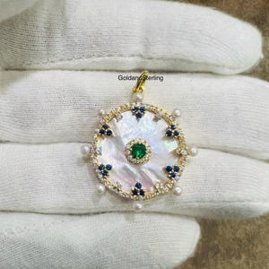 925 Silver Gold Mother Of Pearl Emerald Blue Sapphire Diamond Disc Pendant, Gemstone Diamond Charm, Handmade Pendant Jewelry, Gifts
