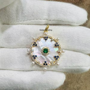 14k Solid Gold Mother Of Pearl Emerald Pendant, Blue Sapphire Diamond Disc Pendant, Gemstone Diamond Charm, Handmade Pendant Jewelry, Gifts