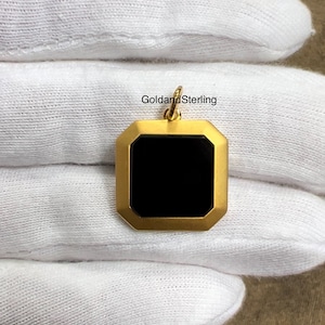 925 Silver Gold Men's Onyx Stone Square Necklace. Sterling