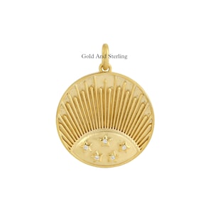 925 Silver & 14k Solid Gold Ray of Sunshine Charm, Beautiful Celestial Necklace, Starburst Pendant, Sun Rays Medallion Coin, Star Pendant.
