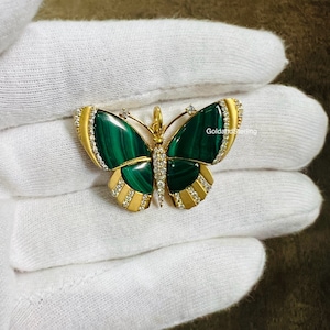 925 Silver Gold Diamond Malachite Butterfly Medallion Charm Pendant, Yellow Gold Butterfly Diamond Charm Necklace, handmade Jewelry Gifts