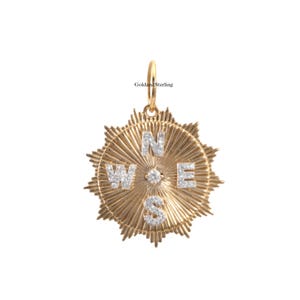 925er Silber & 14 Karat Gold Initial Pave Kompass Diamant Anhänger, Schöner Diamant Kompass Anhänger, Buchstabenanhänger Charms, Goldbriefanhänger