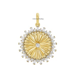 925 Silver & 14k Gold Designer Disc Fluted Diamond Pendant, Celestial Coin Pendant, Fluted Disc Pendant, Fluted Disc Silver Diamond Charm