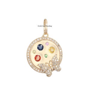 925 Silver & 14k Gold Multi Diamond Butterfly Charm Pendant, Yellow Gold Good Luck Charm Necklace, Designer Butterfly Diamond Charms, Gifts