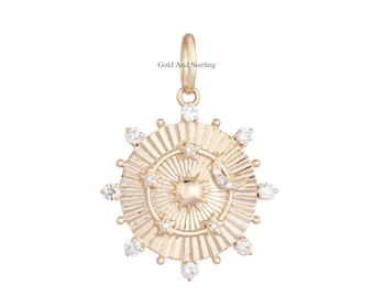 925 Silver & 14k Gold Diamond Moon Stars Sunburst Pendant, Celestial Sunburst Pendant, Starburst Charm Pendant, Starburst Moon Necklace