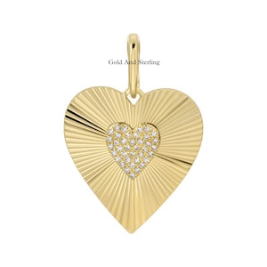 925 Silver & 14k Solid Gold Heart Diamond Charm Pendant, Pave Diamond Fluted Ruby Heart Pendant, Handmade Sunburst Diamond Heart Pendant.