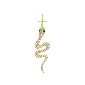 925 Silver & 14k Gold Diamond Emerald Snake Charm Pendant, Emerald Snake Charm, Snake Necklace, Handmade Jewelry, Dainty Snake Gold Necklace
