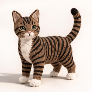 May include: A crocheted cat figurine with brown and black stripes, green eyes, and white accents on the chest and paws. The cat has a curved tail and pointed ears, standing on a white surface.