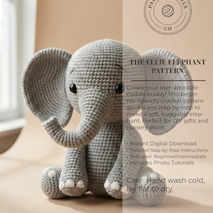 May include: A gray crochet elephant with large ears, a trunk, and small black eyes. The elephant is sitting on a light brown surface. Text on the right side reads "THE ELLIE ELEPHANT PATTERN" and "PAWSOME PURLS CO."
