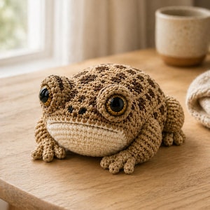 Könnte beinhalten: Eine handgehäkelte Froschfigur in Beige- und Brauntönen mit großen, ausdrucksstarken Augen. Der Frosch sitzt auf einem Holztisch. Der Körper des Frosches hat ein strukturiertes Muster und kleine, detaillierte Füße.