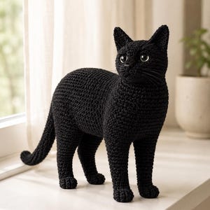 May include: A handcrafted black cat figurine made of crocheted yarn. The cat has a textured, knotted surface, pointed ears, and large, glossy, light-colored eyes. It stands on four legs with its tail slightly curved, facing toward the right side.