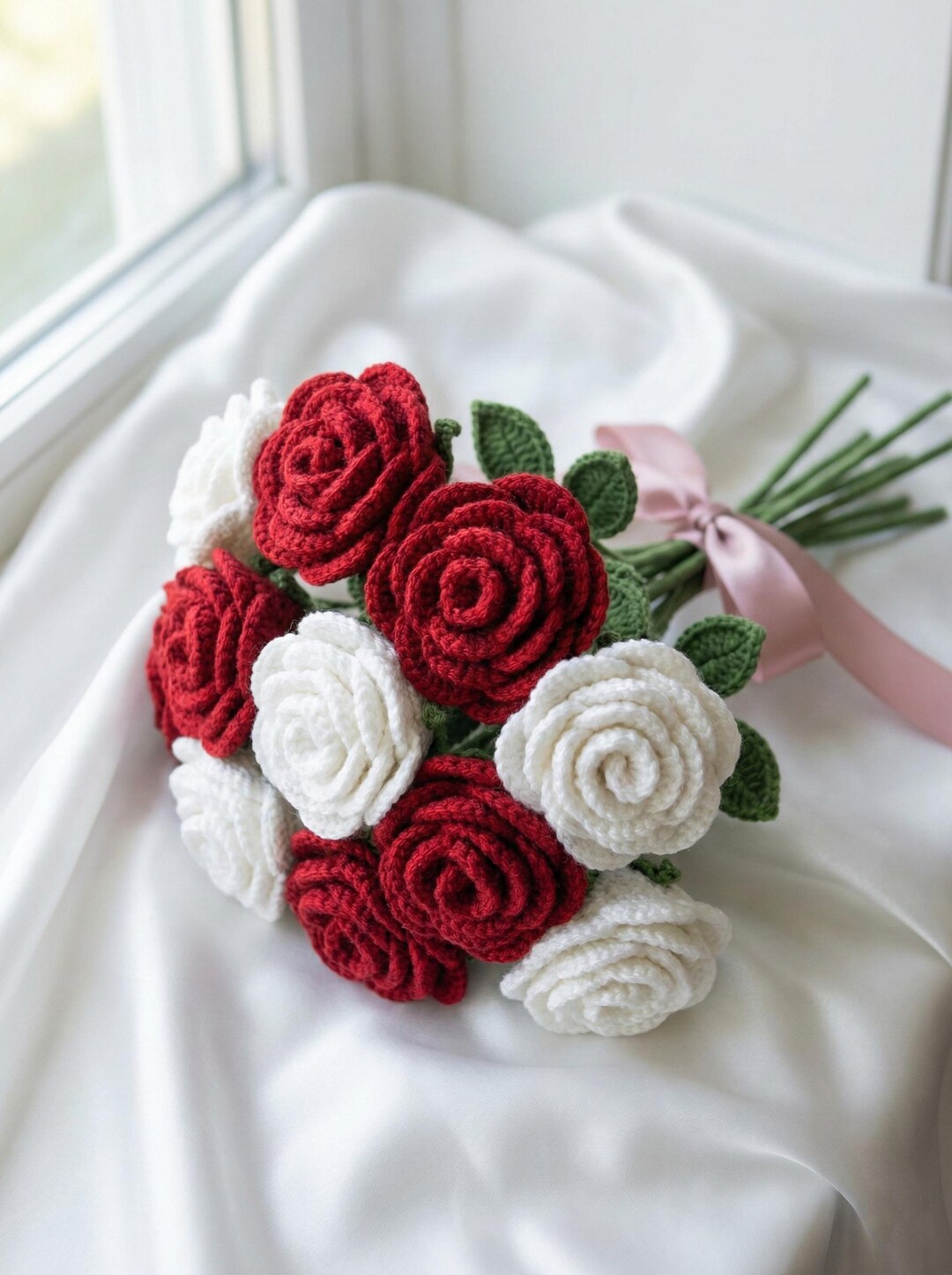 Knitting Roses Red & White Rose Bouquet Knitting Patterns PDF, Crochet Flower Stem and ...