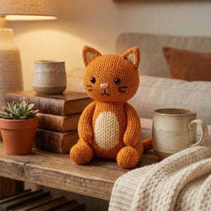 May include: An orange knitted cat plush toy with a cream-colored belly, black eyes, and whiskers. The cat is sitting on a wooden shelf next to a potted succulent, books, and a mug. The background includes a lamp and a sofa.