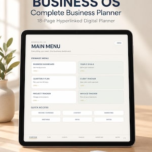 Può includere: Un tablet che mostra un pianificatore digitale Business OS con un'interfaccia di menu principale. Lo schermo presenta sezioni per la dashboard aziendale, obiettivi annuali, piano trimestrale, tracker clienti, progetti, fatture e tasti.