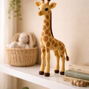Könnte beinhalten: Ein handgefertigtes Häkel-Giraffen-Spielzeug mit langem Hals und braunen Flecken. Die Giraffe steht auf einem weißen Regal, im Hintergrund ein Korb und Bücher. Die Giraffe ist etwa 30 cm groß.