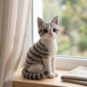 May include: A crocheted cat figurine in a seated position, featuring a gray and white striped pattern. The cat has large, expressive eyes and is positioned on a wooden windowsill. A folded beige blanket rests nearby. The cat measures approximately 10 inches in height.