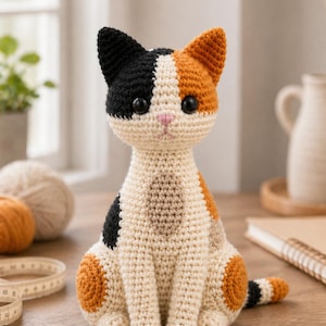 Realistic Cat Crochet Pattern, Digital PDF Amigurumi Tutorial, Seated Patchwork Calico Kitty, US Terms
