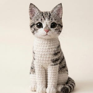 Può includere: Figurina di gatto all'uncinetto, seduta. Il gatto ha un corpo bianco con strisce grigie, grandi occhi neri e un naso rosa. Le orecchie sono a punta. La figura di filato è posta su uno sfondo neutro, mostrando la sua dettagliata maestria.